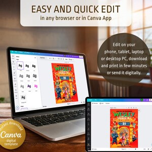 May include: A digital template for a birthday invitation featuring a cartoon illustration of a boy with a red and yellow birthday hat. The text "Son of the celebrant Wesley turning 25" is on the invitation. The invitation is displayed on a laptop screen with the Canva logo and the text "Instant download Canva digital template".