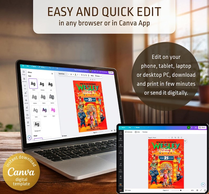 May include: A digital template for a birthday invitation featuring a cartoon illustration of a boy with a red and yellow birthday hat. The text "Son of the celebrant Wesley turning 25" is on the invitation. The invitation is displayed on a laptop screen with the Canva logo and the text "Instant download Canva digital template".