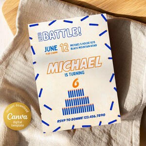May include: A rectangular invitation with the text "LET'S BATTLE!" in blue and orange. The invitation is for Michael's 6th birthday, with the date June 12th. The design includes blue and orange accents and the RSVP information.