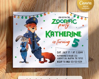 Zootopia 2 movie birthday invitation, Judy Hopps invite, Nick Wildeinvite invite, printable editable movie party, ticket invite template