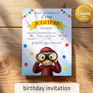 Op de afbeelding: Een verjaardagsuitnodiging voor een kind dat twee jaar wordt. De uitnodiging toont een cartoon-aap met een verrekijker en de tekst "Monkey See, Monkey Do Curious Jonathan is turning two". De uitnodiging bevat ook de datum, tijd en locatie van het feest.