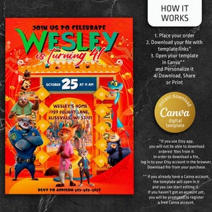 May include: A red and yellow invitation for a 4th birthday party for a boy named Wesley. The invitation features characters from the movie Zootopia. The invitation includes the date, time, and location of the party. The text "JOIN US TO CELEBRATE" is at the top of the invitation. The text "WESLEY is turning 4" is in large, bold letters. The text "OCTOBER 25 AT 11 AM" is in smaller letters. The text "WESLEY'S HOME 789 DELIGHT LANE, BLISSVILLE, WI 53701" is in even smaller letters. The text "RSVP TO ADDISON 567-567-5679" is at the bottom of the invitation.