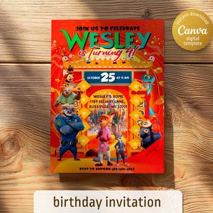 May include: A red and yellow birthday invitation featuring cartoon characters from the film Zootopia. The invitation reads "Join us to celebrate Wesley is turning 4!" and includes the date, time, and location of the party.