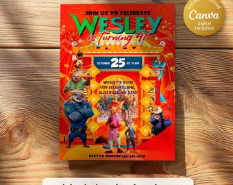Zootopia 2 movie birthday invitation, Judy Hopps invite, Nick Wildeinvite invite, printable editable movie party, ticket invite template