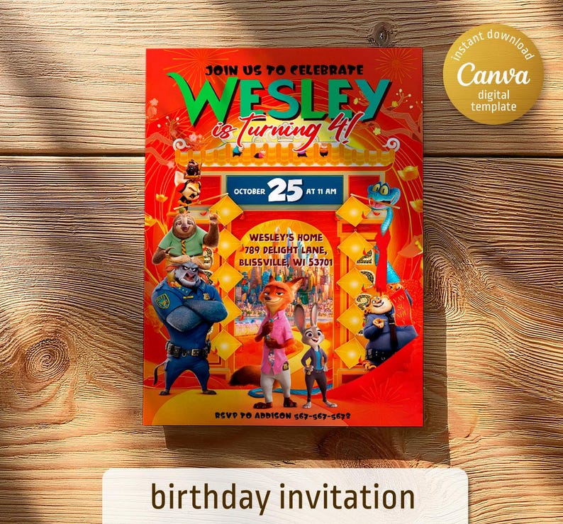 May include: A red and yellow birthday invitation featuring cartoon characters from the film Zootopia. The invitation reads "Join us to celebrate Wesley is turning 4!" and includes the date, time, and location of the party.