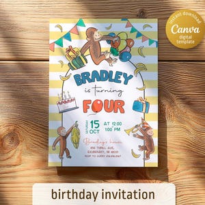Curious George Geburtstagseinladung, druckbarer Affe einladen, Affe einladen, Curious George vier Geburtstagsparty, Junge 4. Geburtstag, bearbeitbare Vorlage