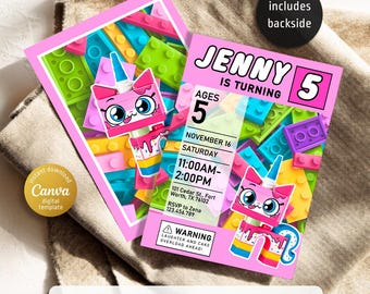 Building Blocks invitation, Building Blocks invite, printable editable Unicorn invitation template, invite template, 1st 2nd 3rd girl bday