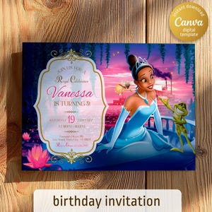 Princess Tiana Birthday invitation, Girl editable invite template, princess frog printable invitation, royal party, instant download