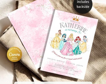 May include: Printable birthday invitation with a pink watercolor background and gold glitter accents. The invitation features illustrations of princesses and the text "Katherine is turning 5!" Includes backside.
