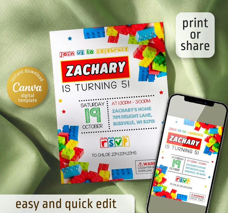 Building Blocks Invitation, Building Blocks Invite, Printable Editable ...