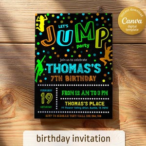 Editable Jump invite, Trampoline Birthday invitation, boy girl birthday, electronic invitation, Jump Phone Invite template, Play Party