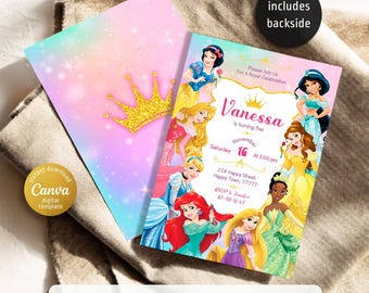 May include: A printable birthday invitation featuring princess illustrations. The invitation includes the text "Vanessa is turning five" and event details. The design has a colorful gradient background and a gold glitter crown.