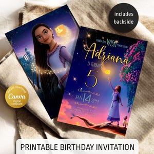May include: Printable birthday invitation featuring a cartoon character with long dark hair and a purple dress. The invitation is for a 5-year-old named Adriana, with the date January 14th at 2 PM. Includes a backside.