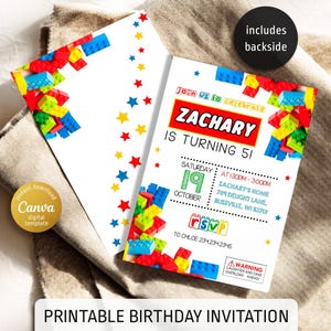 May include: Printable birthday invitation featuring a colorful design with toy building blocks and star accents. The invitation includes the text "Join us to celebrate Zachary is turning 5!" and event details.