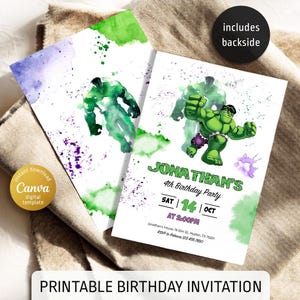 May include: Two printable birthday party invitations featuring the Hulk. One invitation has a watercolor Hulk image and green and purple paint splatters. The other invitation has the text "Jonathan's 4th Birthday Party" and event details.