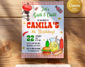 Grillin & Chillin birthday invitation, editable printable Backyard BBQ invite, Grill Cooking Party invite template, boy girl birthday
