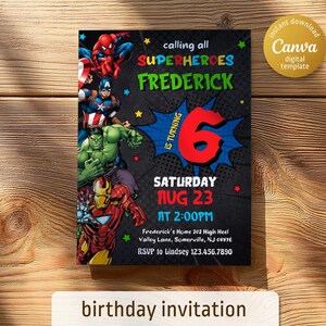 Printable Boy Birthday Invite, super hero Editable party Invitation, spiderman, hulk, captain america Invite template, avengers invitation