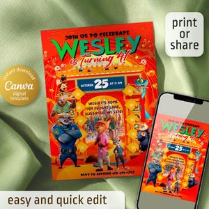 May include: A red and yellow birthday invitation featuring characters from the animated movie Zootopia. The invitation says "Join us to celebrate Wesley is turning 4!" with the date October 25th at 11 AM. The invitation also includes the address for the party and a phone number to RSVP.