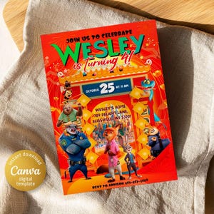 May include: A red and gold birthday invitation featuring characters from the animated movie Zootopia. The invitation is for Wesley's 4th birthday party. The text on the invitation reads "Join us to celebrate Wesley is turning 4!" and "October 25 at 11 AM".