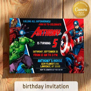 Printable Boy Birthday Invite, super hero Editable party Invitation, spiderman, hulk, captain america Invite template, avengers invitation