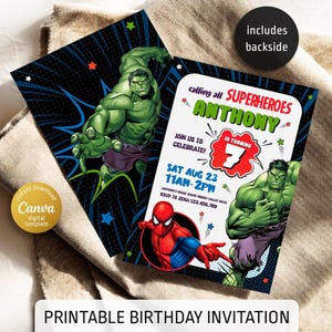 Printable boy birthday invite, Super Hero editable party invitation, Spiderman, Hulk, Captain America invite template, Avengers invitation
