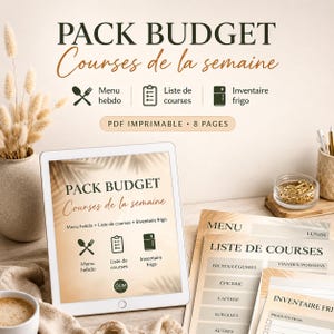 Puede incluir: Una tableta digital muestra un paquete de planificación de comidas con el texto "PACK BUDGET Courses de la semaine." El paquete incluye un menú semanal, lista de compras e inventario. Páginas impresas son visibles.