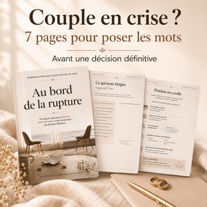 Peut inclure: Un cahier d'exercices de sept pages intitulé Au bord de la rupture pour les couples en crise, comprenant des pages imprimées avec des questions de réflexion, de gestion des conflits et de communication, avec deux anneaux dorés et un stylo doré.