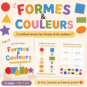Peut inclure: Un ensemble de fiches d'activités éducatives intitulées Formes & Couleurs présentant des formes géométriques colorées comme des cercles, carrés, triangles, rectangles, ovales et étoiles. Les pages incluent des exercices d'association et de tri.