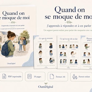 Può includere: Un libro educativo in PDF stampabile intitolato Quand on se moque de moi, J'apprends à répondre et à en parler. La copertina presenta un'illustrazione di un bambino con uno zaino. Tre pagine interne mostrano griglie di illustrazioni.