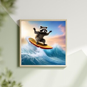 May include: A framed print featuring a raccoon surfing a large ocean wave. The raccoon is standing on a yellow surfboard with its arms raised. The background shows a blue sky with orange and pink hues.