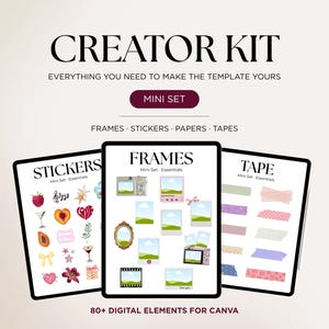 May include: A digital creator kit for Canva featuring three display sheets labeled Stickers, Frames, and Tape. The kit includes over 80 digital elements such as illustrated fruit, hearts, photo frames, polaroid borders, and various patterned adhesive tapes.