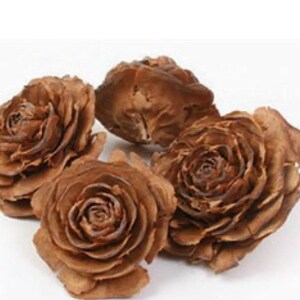 May include: Four brown wooden rose-shaped pine cone decorations.