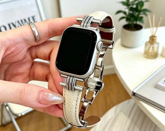 Elegante correa de cuero para Apple Watch, correa con hebilla metálica retro para mujer, compatible con iWatch Series SE Ultra, todos los tamaños, regalo para ella.
