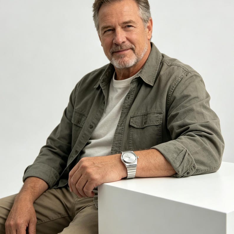 May include: A silver wristwatch with a rectangular face and a linked metal band. The watch is on a person's wrist. The person is wearing a green shirt over a white shirt and khaki pants. The background is white.