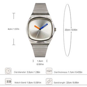 May include: A silver-toned wristwatch with a square face and a matching metal band. The watch face is silver with orange and blue hands. The dial diameter is 3.5cm (1.38in), and the band length is 22cm (8.66in). The watch weighs 70g (2.49oz).