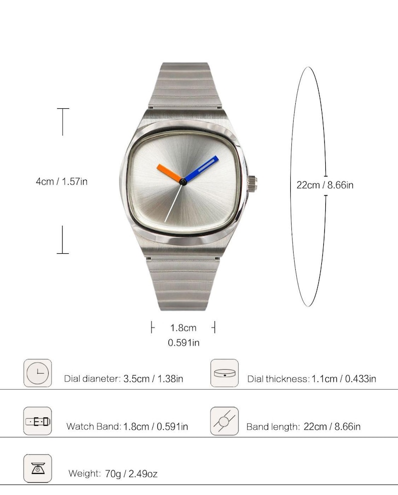 May include: A silver-toned wristwatch with a square face and a matching metal band. The watch face is silver with orange and blue hands. The dial diameter is 3.5cm (1.38in), and the band length is 22cm (8.66in). The watch weighs 70g (2.49oz).