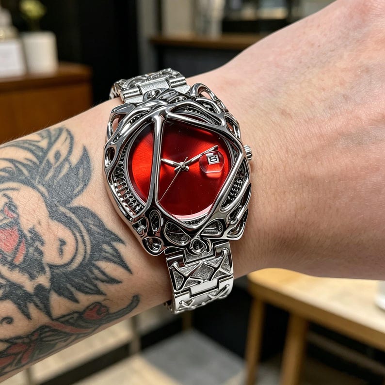 May include: A silver-toned wristwatch with a unique, open-worked design. The watch features a vibrant red face with a date display. The intricate metalwork surrounds the face and forms the band, creating a bold, modern aesthetic.