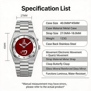 May include: A silver-toned metal wristwatch with a red dial featuring Chinese characters. The watch has a 40.0mm by 45mm case, a 27mm strap width, and weighs 123g. It includes a butterfly clasp, mineral glass, electronic quartz movement, and luminous, water-resistant functions.