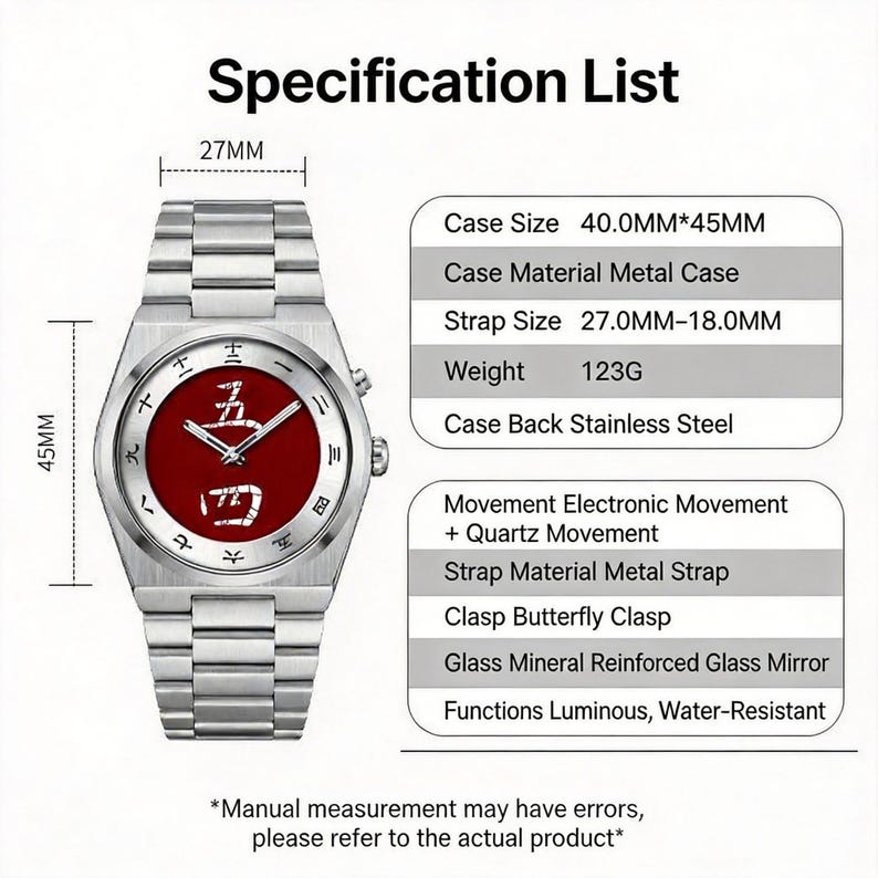 May include: A silver-toned metal wristwatch with a red dial featuring Chinese characters. The watch has a 40.0mm by 45mm case, a 27mm strap width, and weighs 123g. It includes a butterfly clasp, mineral glass, electronic quartz movement, and luminous, water-resistant functions.