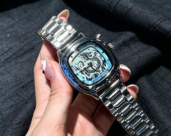 Dynamic Eastern Dragon Dial Watch, Retro Gothic Aesthetic Statement Watch,cool unisex watch couple accessory gift, Birthday Gift for Her/Him