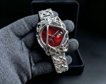 Industrial Hollow Out Watch, Y2K Gothic Skeleton Watch, Irregular Silver Metal Watch with Date, Punk Statement Quartz Watch,Men’s Gift Watch
