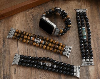 Correa de Apple Watch hecha a mano con piedra de cristal curativo natural / Pulsera de piedras preciosas estilo boho para iWatch Series 1-10 SE Ultra, Regalo de la suerte