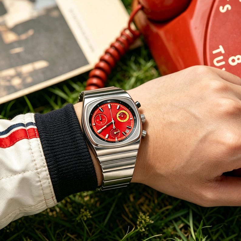 May include: A stainless steel wristwatch with a red face and a matching stainless steel band. The watch has a square face with two smaller dials and two buttons on the side. The watch is on a wrist.