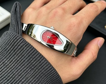 Y2K Vintage-inspired Teardrop Dial Watch | Silver Tone Bangle Wristwatch | men's Gift, Birthday, Anniversary | Unique Retro Women's Watch