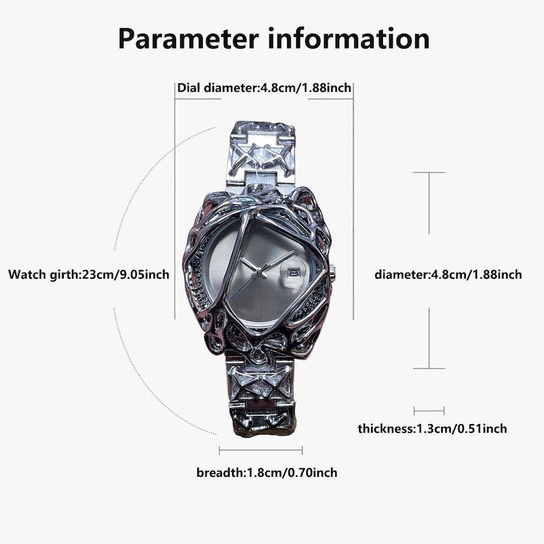 May include: A silver-toned watch with an intricate, textured design around the face and band. The watch face is a light silver color. The dial diameter is 1.88 inches, the watch girth is 9.05 inches, the breadth is 0.70 inches, and the thickness is 0.51 inches. The text "Parameter information" is at the top.