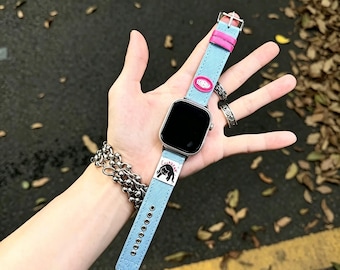Y2Kロック風デニムカップル用Apple Watchバンド、パッチ付きパンクグランジスタイルストラップ、38-49mm、s10/s11用ストラップ、彼女と彼へのカップルギフト