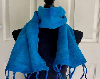 Nuno Felted Merino Scarf, Silk , Draped Shawl, Blue