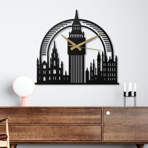 London Skyline Metal Wall Clock Big Ben Black Silent Unique Modern Minimalist Cityscape Wall Art Decor Living Room Office Traveler Gift