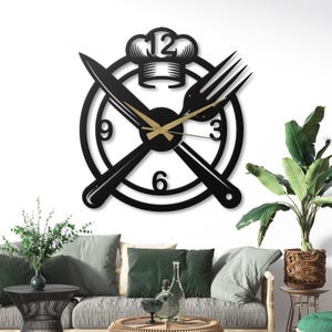 Kitchen Wall Clock Metal Art Chef Decor Silent Black Fork Knife Utensil Clock Unique Restaurant Cafe Wall Hanging Foodie Gift Modern Decor