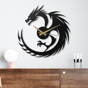 Dragon Metal Wall Clock Silent Black Fantasy Decor Gothic Gamer Gift Man Cave Room Mythical Creature Art Modern Home Office Unique Gift